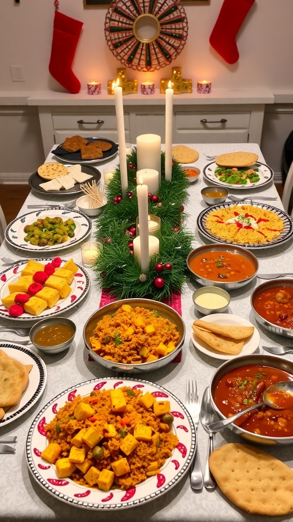 A festive Indian dinner spread with Paneer Tikka, Vegetable Biryani, Chole Masala, and naan on a decorated table.